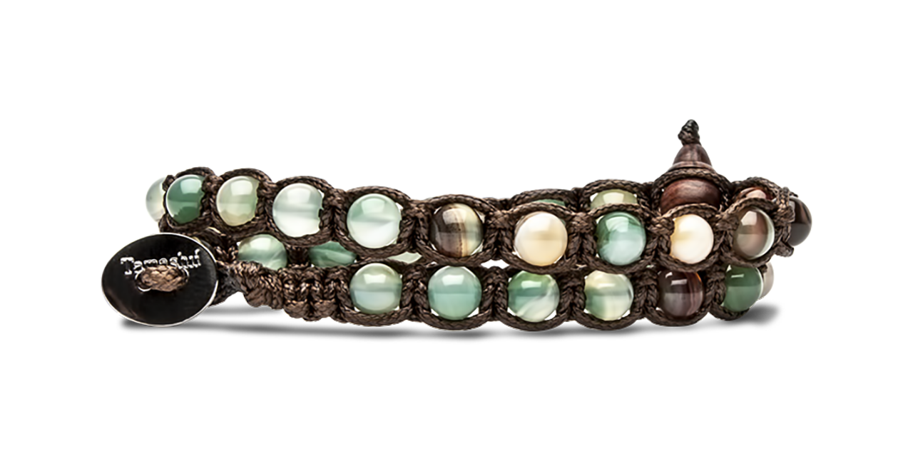 Tamashii Bracciale Tibetano Doppio Giro In Madreperla | Unisex Con Cordoncino Marrone | Pietre Naturali 6mm Benedette